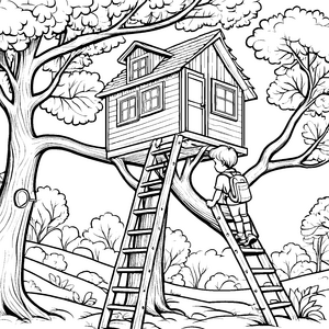 Abenteuerliches Baumhaus in den schwindelerregenden Ästen Ausmalbild für kleine Entdecker