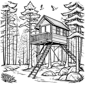 Zauberhaftes Baumhaus im Wald Malvorlage für abenteuerlustige Entdecker