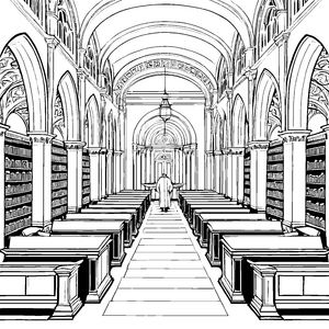 Beeindruckende Bibliothek mit langen Regalen Ausmalvorlage für wissbegierige Entdecker