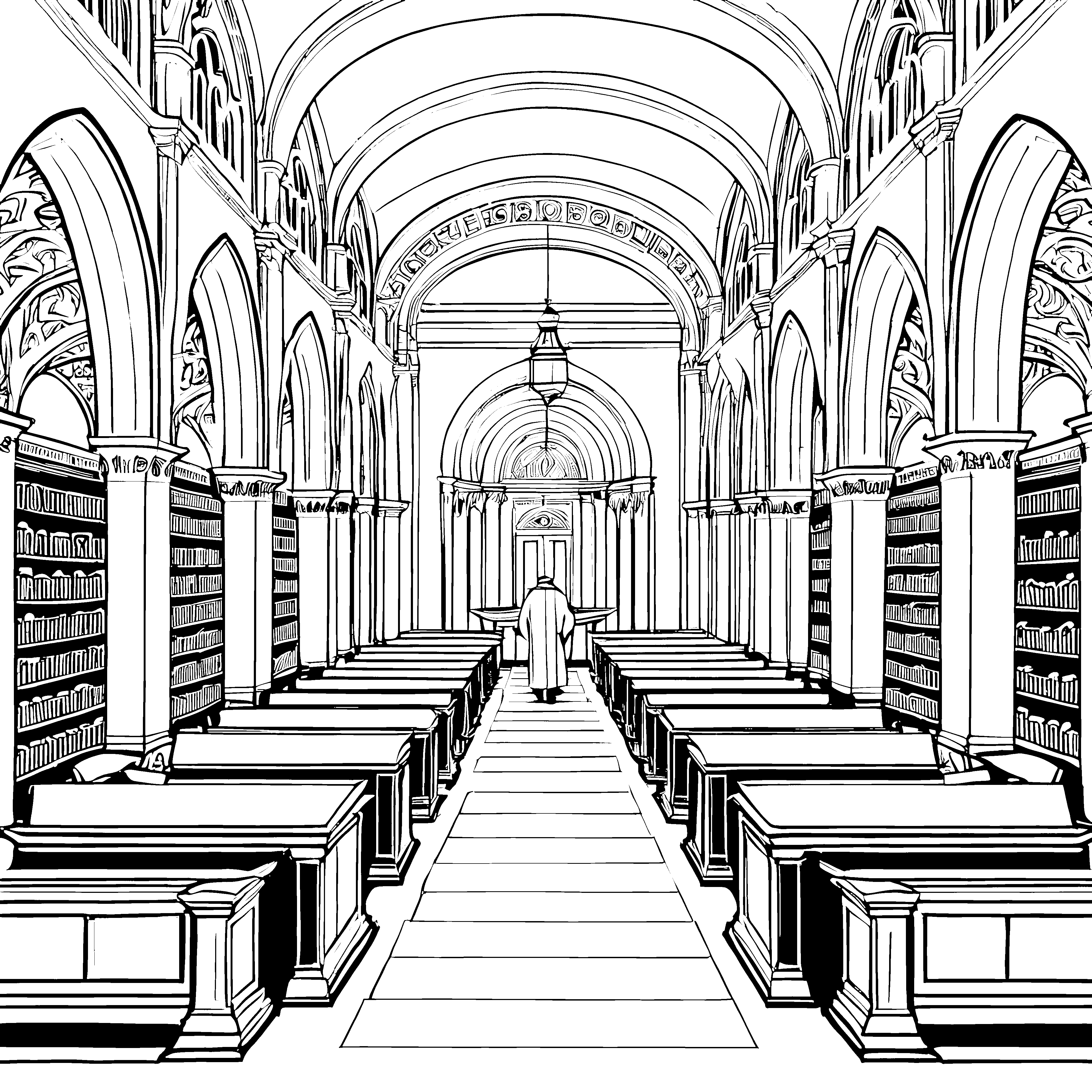 Beeindruckende Bibliothek mit langen Regalen Ausmalvorlage für wissbegierige Entdecker