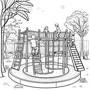 Abenteuerlicher Kletterspielplatz mit fröhlichen Kindern Ausmalvorlage für kleine Entdecker