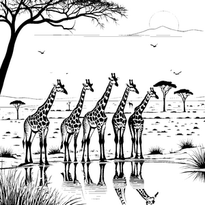Majestätische Giraffen am glitzernden Wasser Malvorlage für abenteuerlustige Naturentdecker