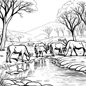Grasende Gnus am glitzernden Wasser Malvorlage für neugierige Tierfreunde