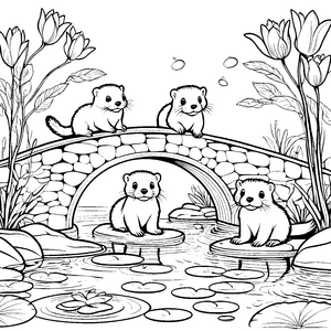 Verspielte Otter-Babys auf der kleinen Brücke Ausmalvorlage für kreative Wasserliebhaber
