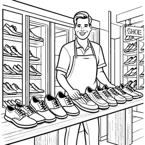 Modische Schuhpräsentation im bunten Laden Ausmalvorlage für stilbewusste Trendsetter