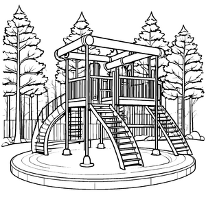 Abenteuerlicher Spielturm inmitten von hohen Bäumen Ausmalbild für kleine Entdecker