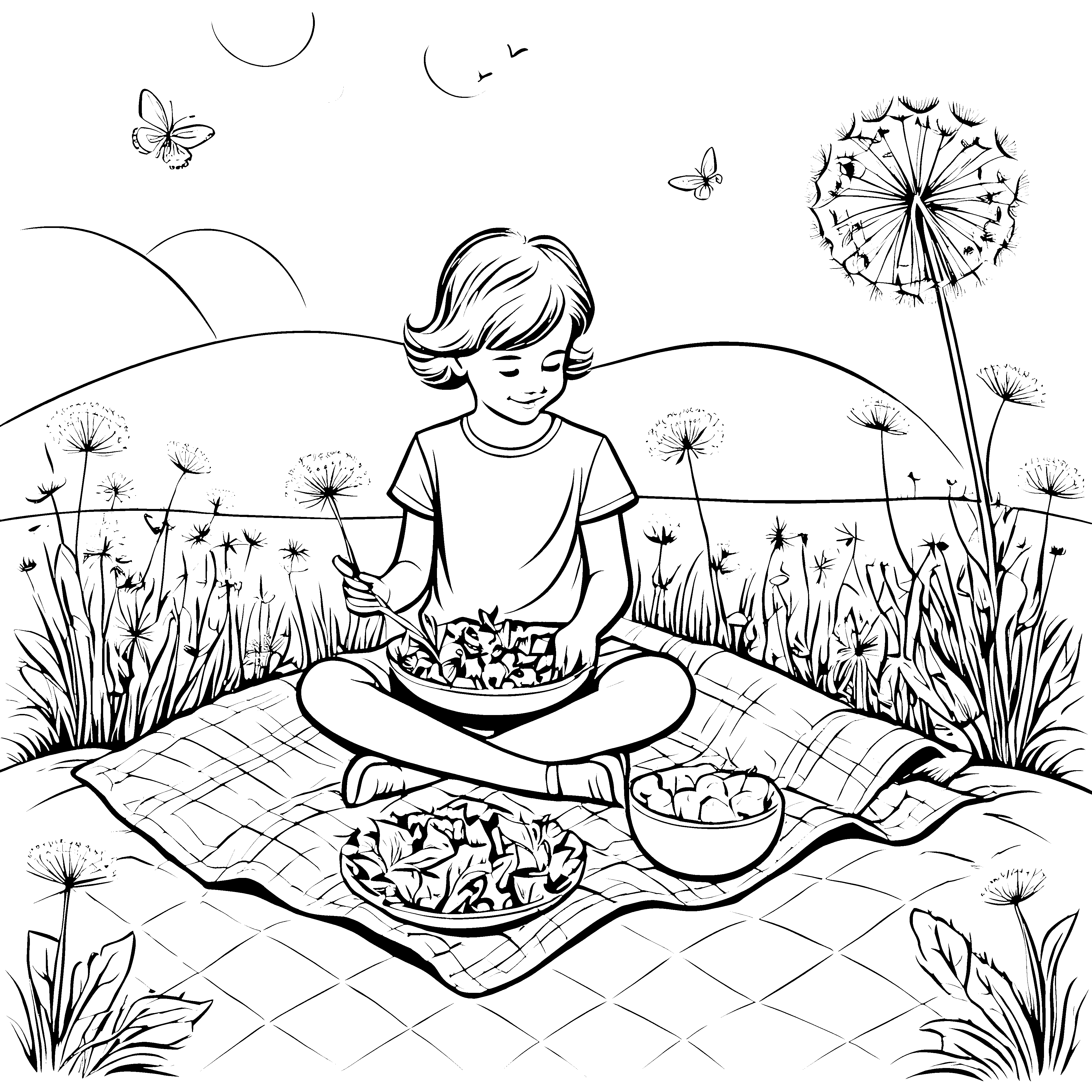 Wundervolle Löwenzahnblätter im sonnigen Feld Ausmalvorlage für kleine Gartenfreunde
