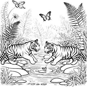 Verspielte Tigerbabys beim Wasserplätschern Ausmalmotiv für neugierige Tierfreunde