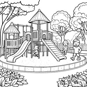 Abenteuerlicher Spielplatz mit fröhlichen Kindern Ausmalvorlage für kleine Entdecker