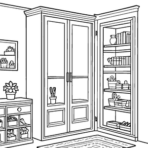Stilvoller Eckschrank mit bunten Pflanzen Ausmalmotiv für kreative Raumgestalter
