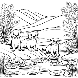 Verspielte Otter-Babys am idyllischen Teich Malvorlage für junge Tierliebhaber