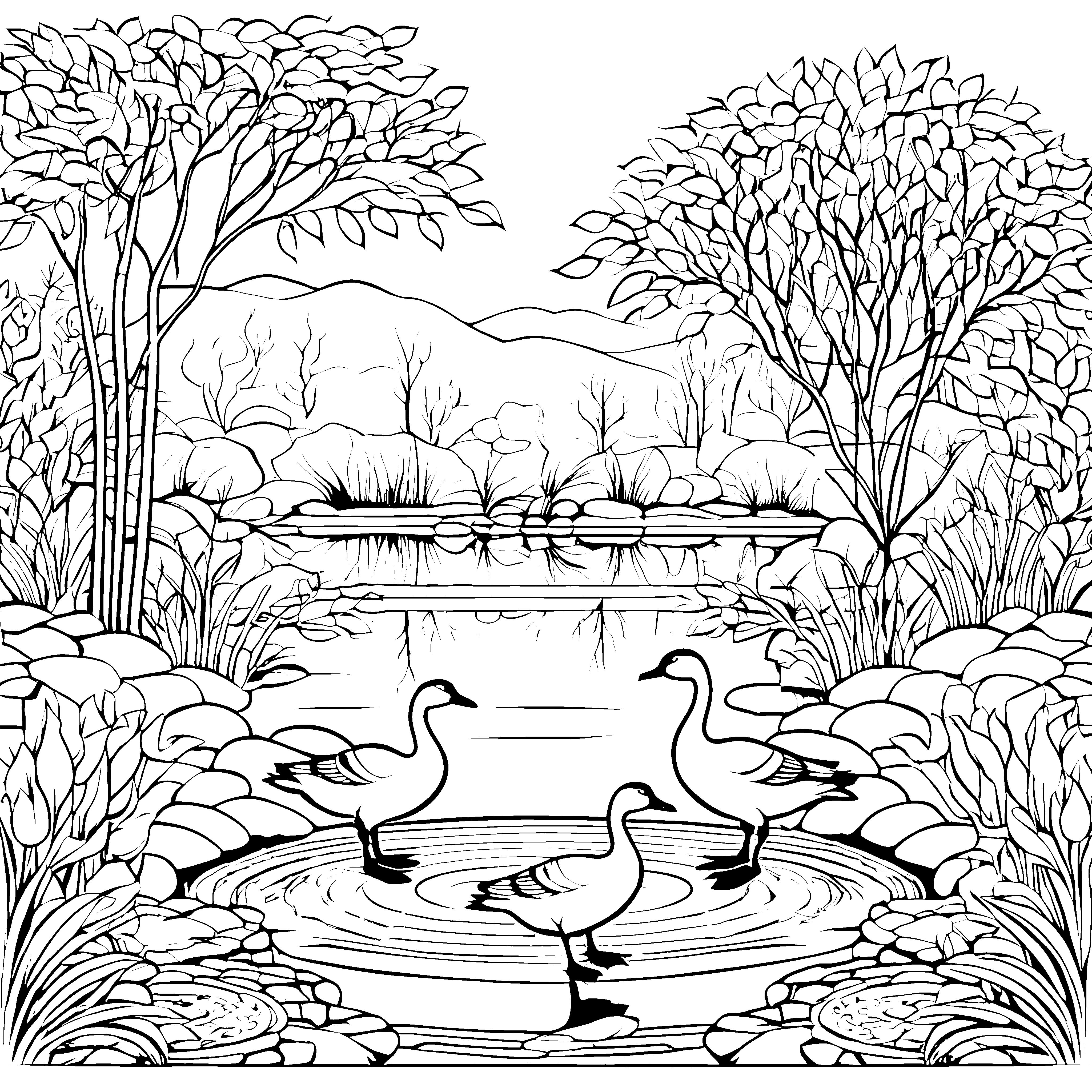 Kreative Gänse im idyllischen Teich Ausmalbild für junge Naturentdecker