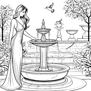 Elegante Dame am prunkvollen Brunnen Malvorlage für kreative Wasserliebhaber