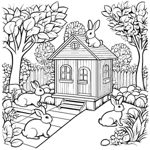 Kuschelige Kaninchen im Gartenhäuschen Ausmalbild für kreative Naturfreunde
