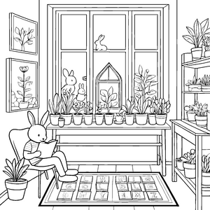 Gemütlicher Hase beim Lesen in buntem Kinderzimmer Ausmalmotiv für kreative Träumer