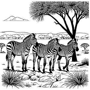 Zebra-Jungtiere unter dem schattigen Baum Malvorlage für neugierige Entdecker