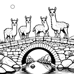 Lustige Lama-Jungtiere auf der Steinbrücke Ausmalmotiv für kleine Naturfreunde