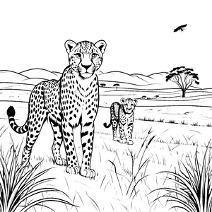 Verspielte Gepardenfamilie in der sonnigen Savanne Ausmalbild für neugierige Tierliebhaber