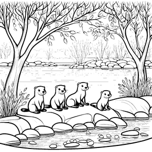 Niedliche Otter-Babys beim Planschen im Wasser Ausmalbild für kleine Abenteuerer