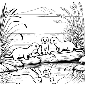 Fröhliche Otter-Babys auf einem Steg Malvorlage für kleine Wasserfreunde