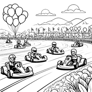 Rasante Kartbahn mit fröhlichen Fahrern Ausmalbild für kleine Rennsportler