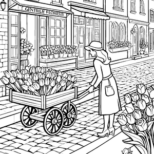 Blühende Tulpenpracht vor dem Blumenladen Ausmalmotiv für kreative Blütenfreunde