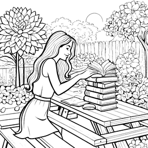 Lächelndes Mädchen mit langen Haaren und Büchern Ausmalbild für wissbegierige Künstler