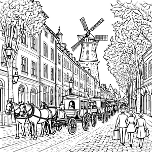 Zauberhafte Kutschenfahrt vor einer alten Windmühle Ausmalbild für kleine Abenteurer