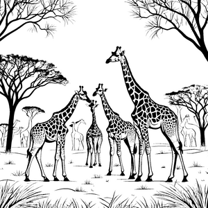 Majestätische Giraffenherde unter dem afrikanischen Himmel Ausmalbild für abenteuerliche Tierfreunde