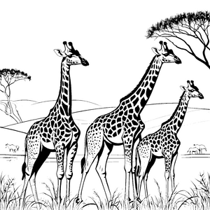 Majestätische Giraffenfamilie in der Savanne Malvorlage für wissbegierige Tierfreunde