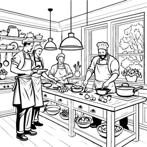 Begeisterte Köche zaubern in der kreativen Küche Ausmalbild für kleine Küchenchefs