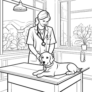 Harmonischer Hundebesuch in der Tierarztpraxis Malvorlage für kleine Tierfreunde