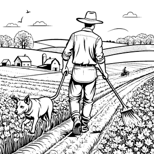 Fleißiger Landwirt mit neugierigem Hund Ausmalvorlage für kleine Naturfreunde