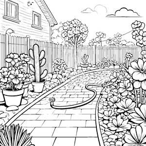Bunter Gartenweg mit sprudelndem Gartenschlauch Ausmalbild für kleine Pflanzenfreunde