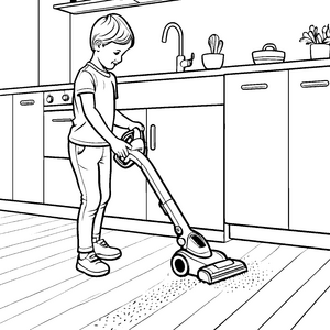Energischer Staubsauger in der modernen Küche Ausmalbild für aufgeweckte Reinigungskünstler
