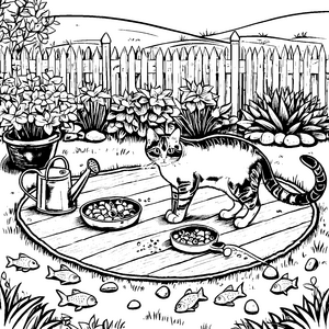 Katzen mit buntem Futter im blühenden Garten Ausmalvorlage für neugierige Samtpfoten-Fans