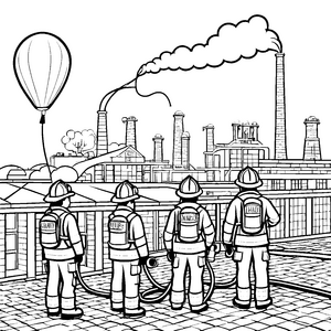 Feuerwehrmänner im Einsatz vor fesselndem Industriegelände Ausmalbild für mutige Entdecker