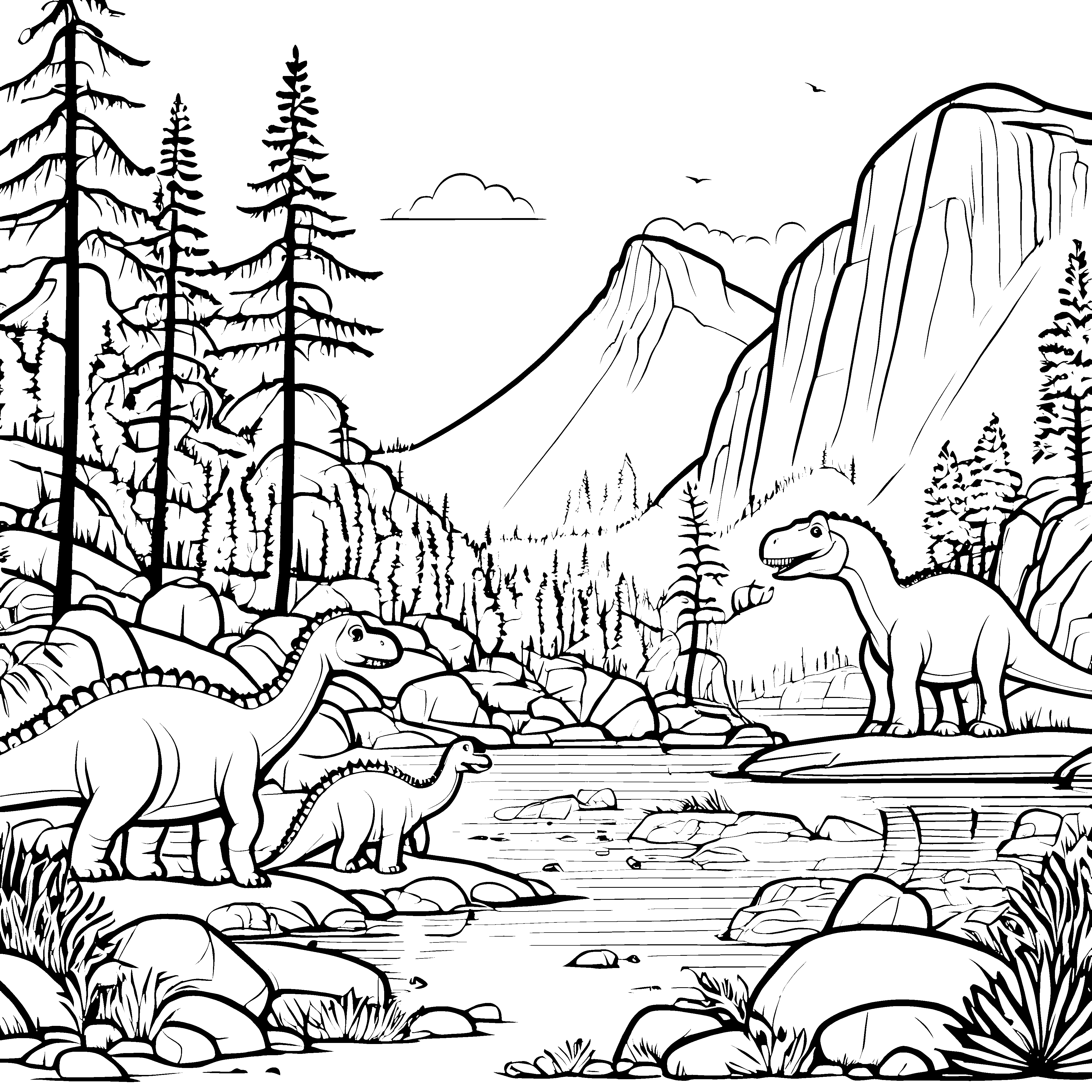 Faszinierender Diplodocus am glitzernden Fluss Malvorlage für kleine Dino-Entdecker