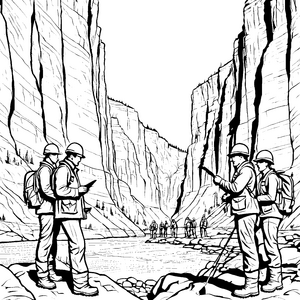 Waghalsige Geologen im beeindruckenden Canyon Ausmalbild für kleine Entdecker