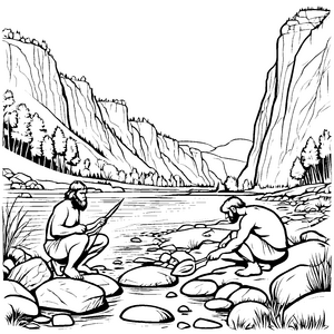 Neandertaler beim Angeln am glitzernden Fluss Ausmalbild für kleine Geschichtenerzähler