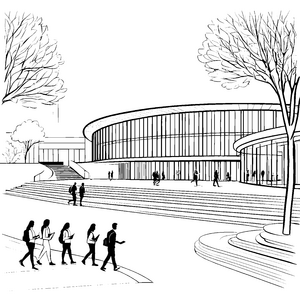 Moderne Universitätsarchitektur mit aufstrebenden Studierenden Ausmalbild für wissbegierige Entdecker