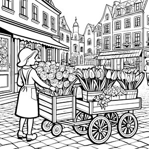 Blühender Blumenstand mit fröhlichem Verkäufer Malvorlage für kreative Blumenkinder