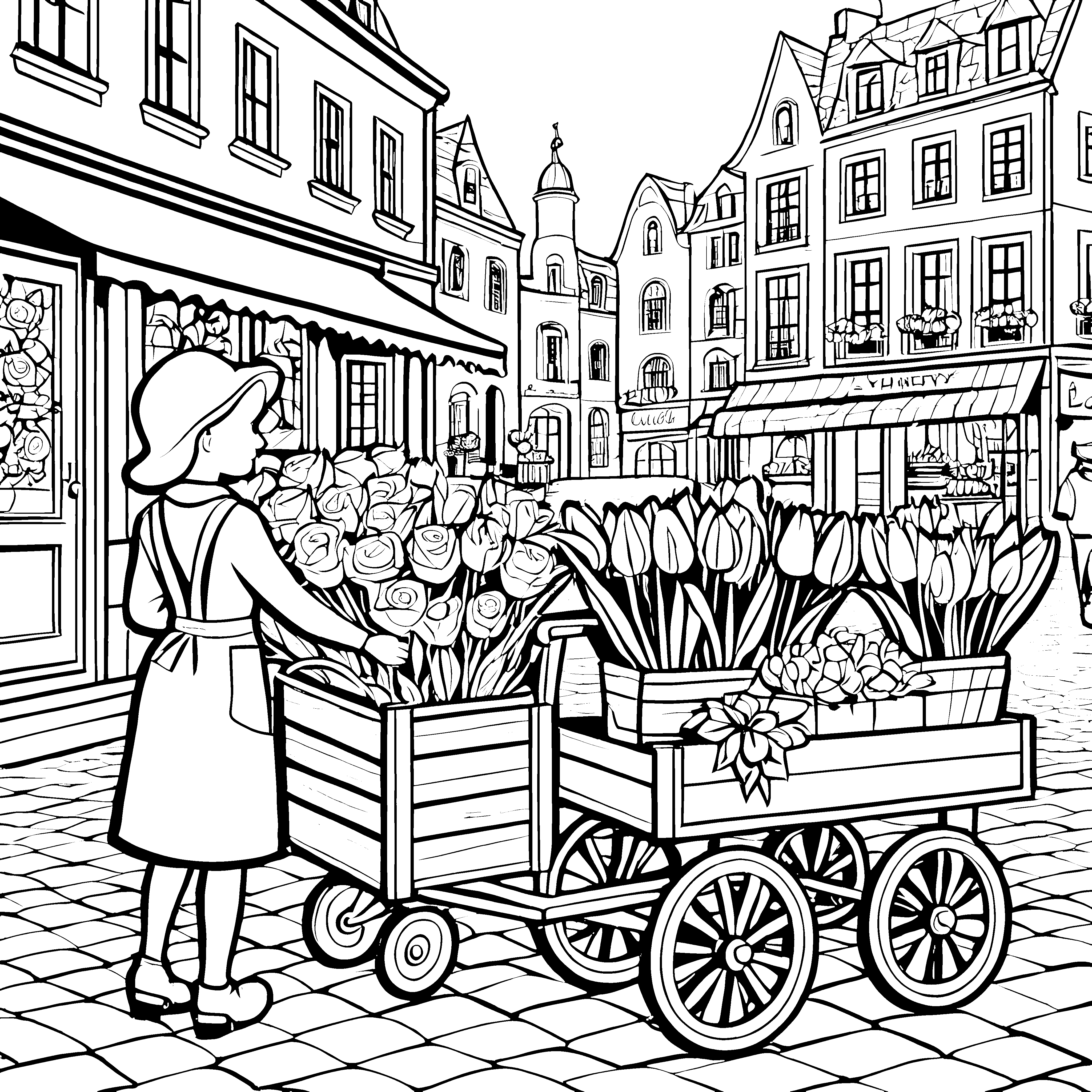 Blühender Blumenstand mit fröhlichem Verkäufer Malvorlage für kreative Blumenkinder