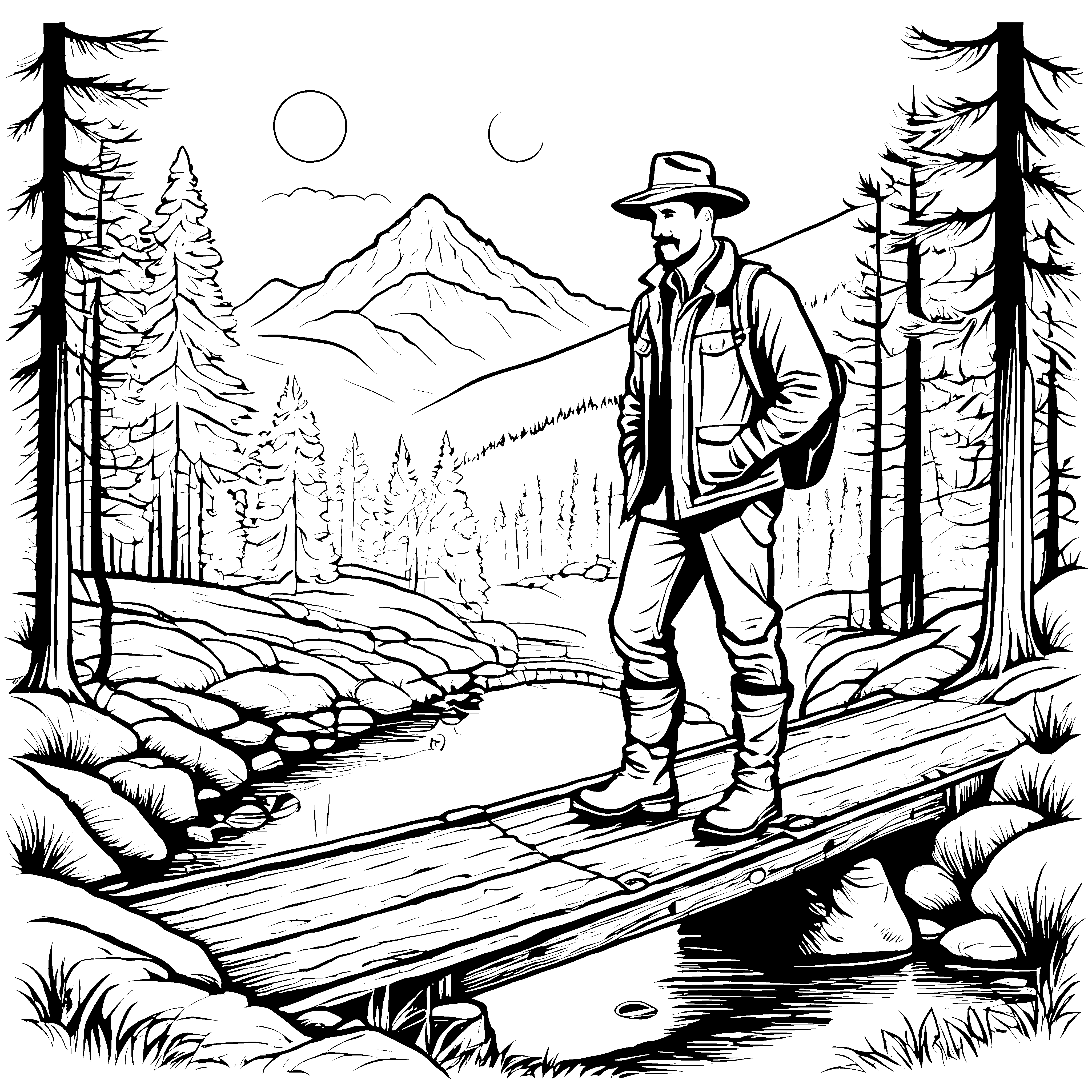 Abenteuerlicher Förster auf der Holzbrücke Ausmalbild für neugierige Naturerkunder