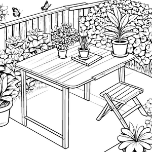 Blühender Klapptisch im zauberhaften Garten Ausmalvorlage für fröhliche Gartenfreunde