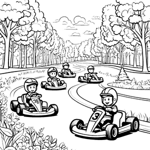 Rasante Kartbahn mit fröhlichen Fahrern Ausmalvorlage für kleine Geschwindigkeitsfans