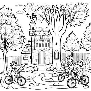 Drei fröhliche Radfahrer vor einem märchenhaften Schloss Ausmalvorlage für kleine Abenteurer