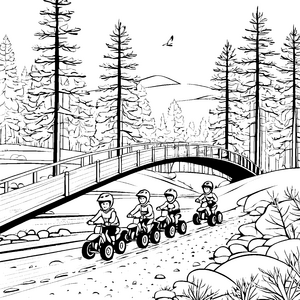 Spannende Quad-Fahrt über die Waldbrücke Ausmalmotiv für abenteuerliche Entdecker