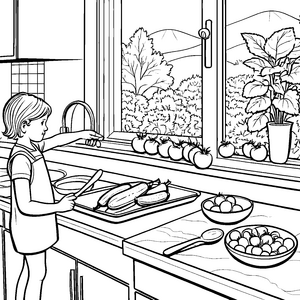 Kreative Zucchini-Küche mit buntem Gemüse Ausmalmotiv für kleine Feinschmecker