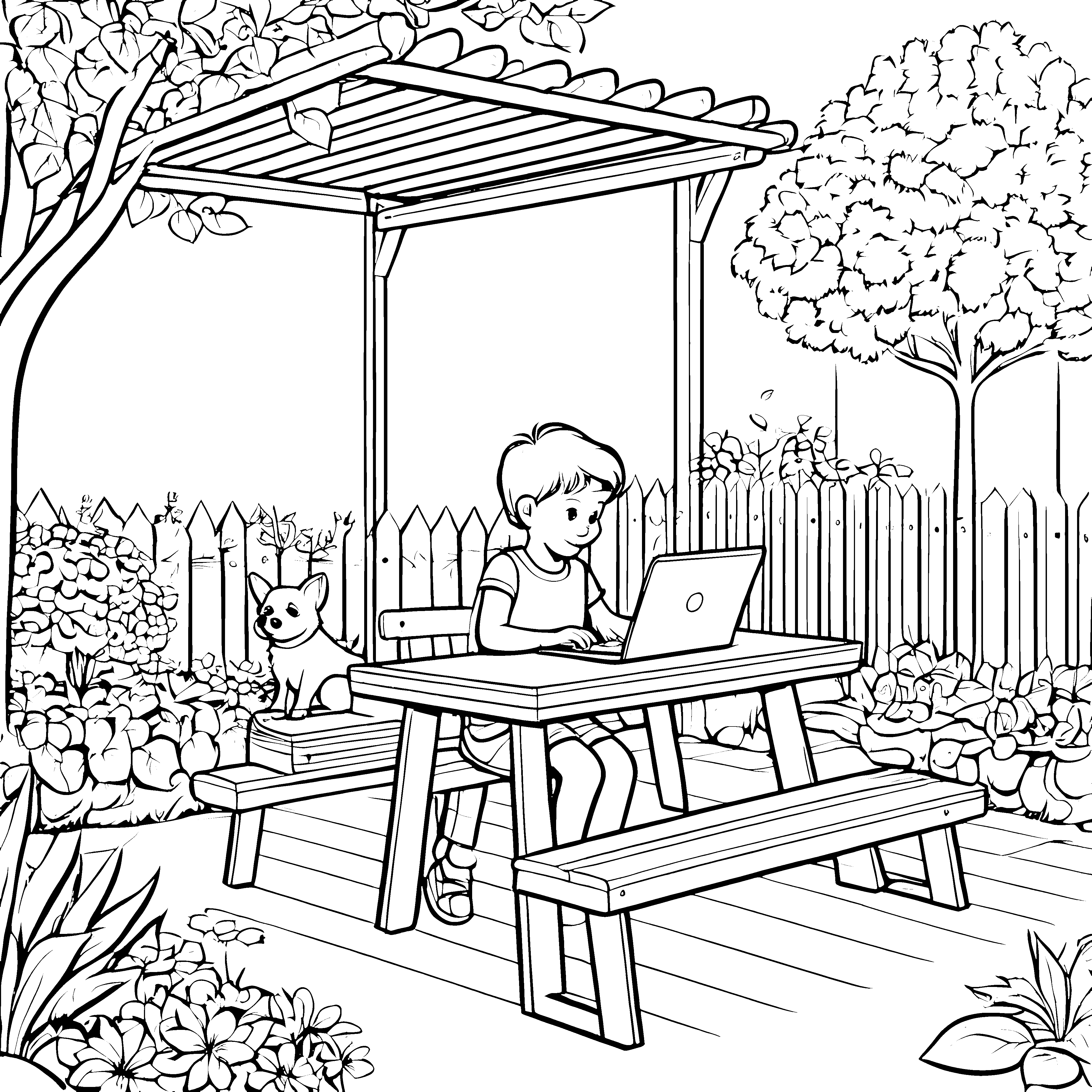 Begeisterter Junge am kreativen Laptop im Garten Ausmalmotiv für junge Entdecker